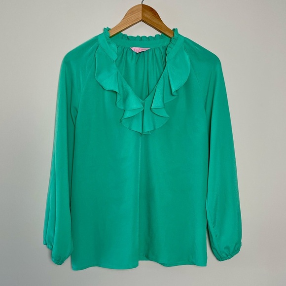 Lilly Pulitzer | Green Ruffled Collar Lightweight Blouse XS - Picture 1 of 7